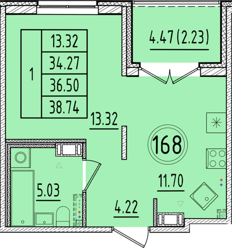 1 ккв 34,3 м²