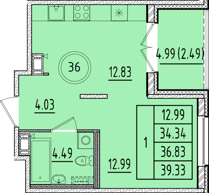 1 ккв 34,3 м²