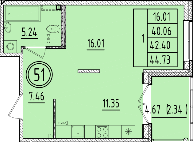 1 ккв 40,1 м²