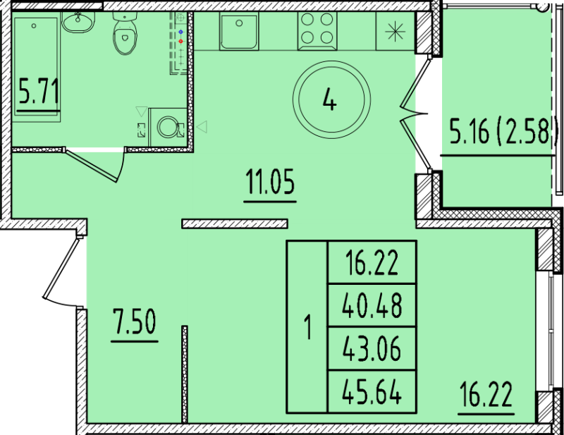 1 ккв 40,5 м²