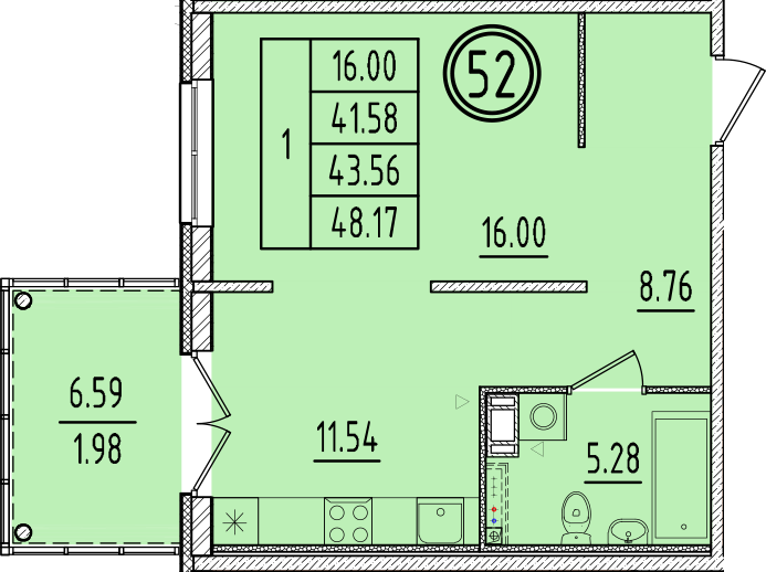 1 ккв 41,6 м²