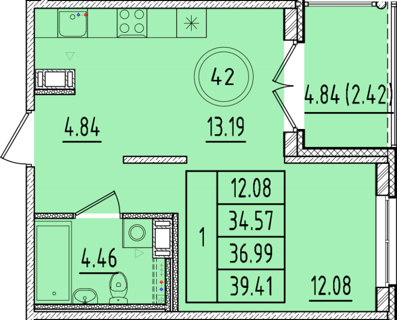 1 ккв 34,6 м²