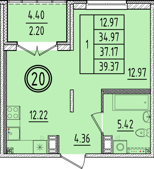 1 ккв 35 м²