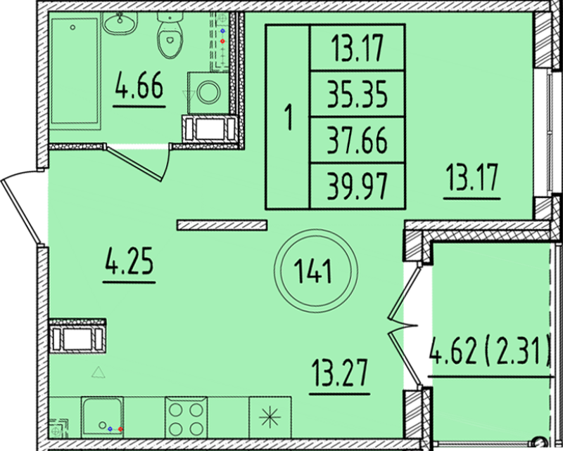 1 ккв 35,4 м²