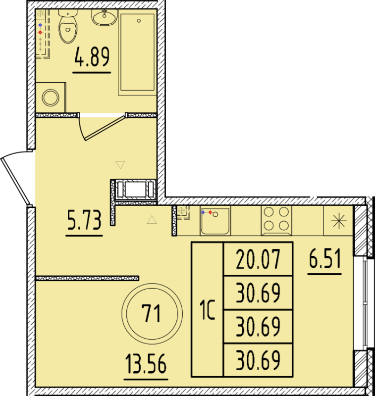 Студия 30,7 м²
