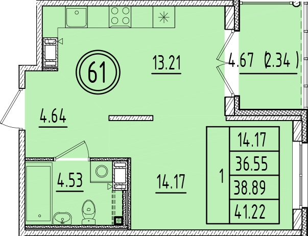 1 ккв 36,6 м²