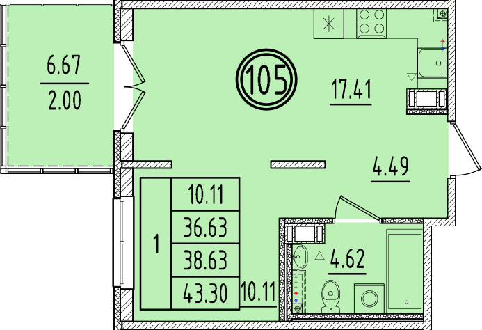 2 ккв (Евро) 36,6 м²