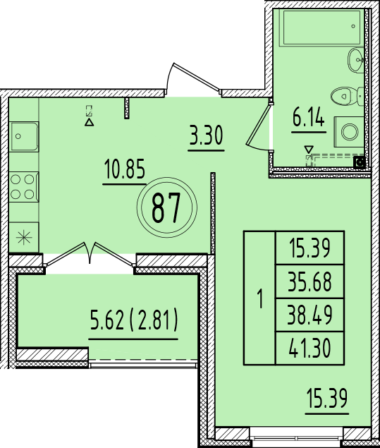 1 ккв 35,7 м²