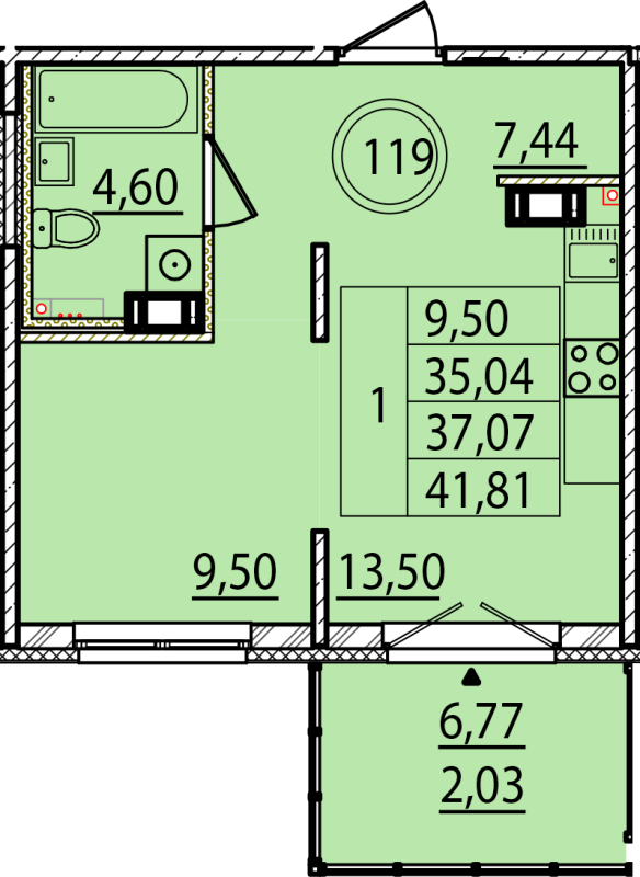 1 ккв 35 м²