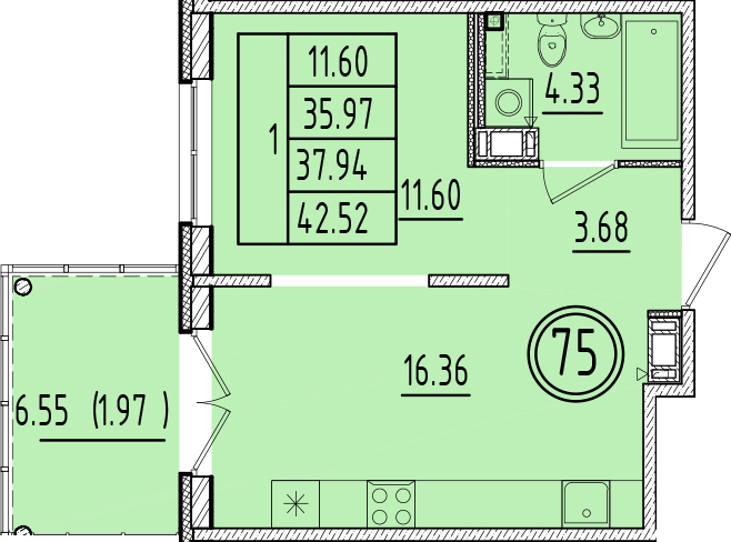 2 ккв (Евро) 36 м²