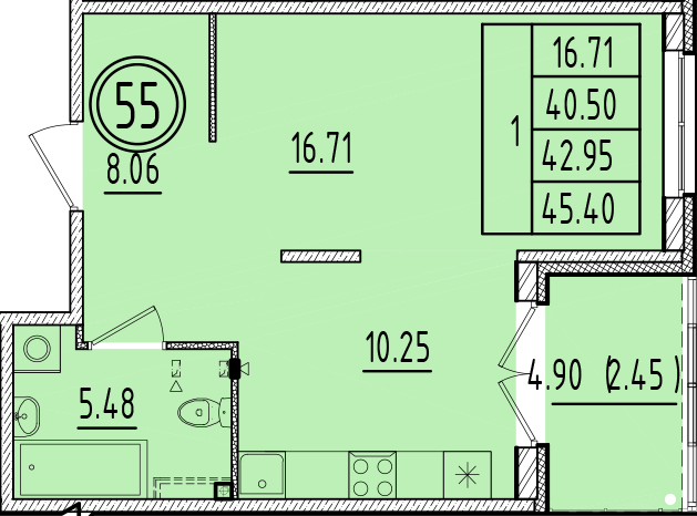 1 ккв 40,5 м²