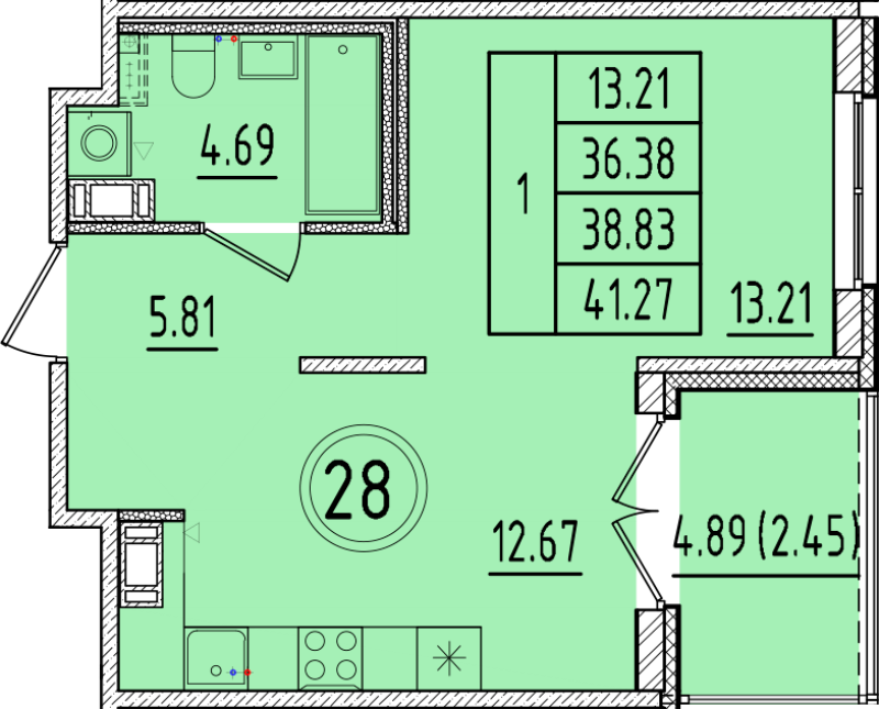 1 ккв 36,4 м²