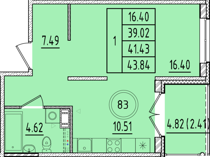 2 ккв (Евро) 39 м²