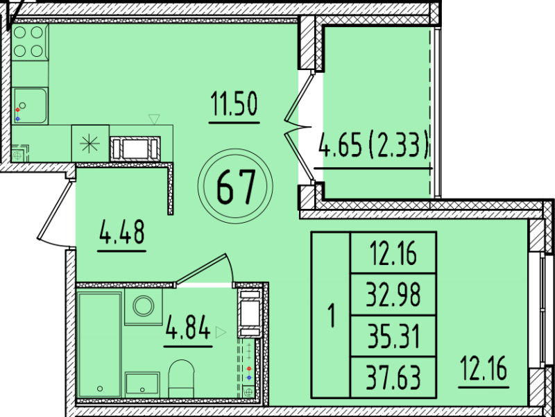 1 ккв 33 м²