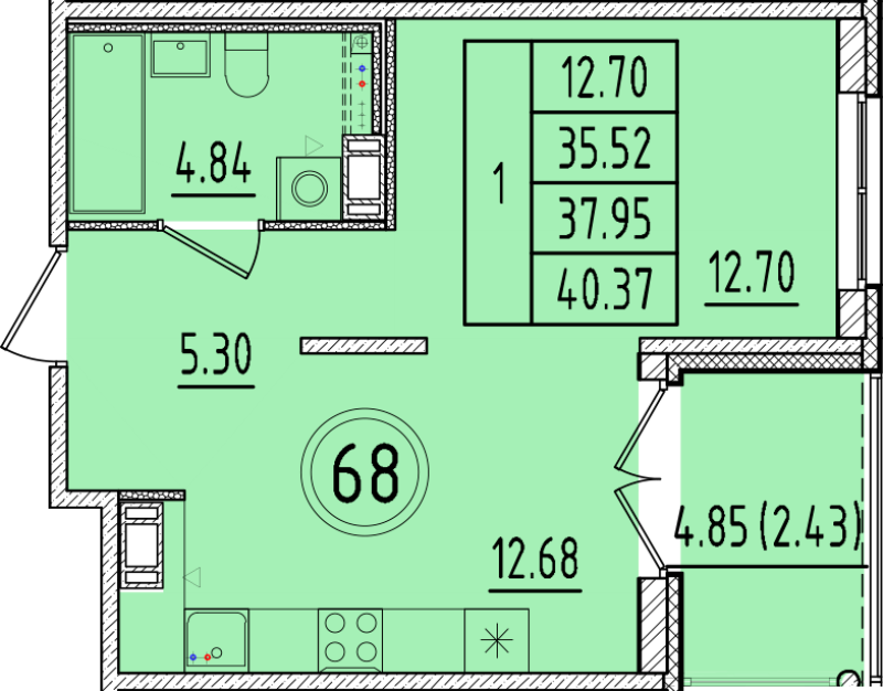 1 ккв 35,5 м²