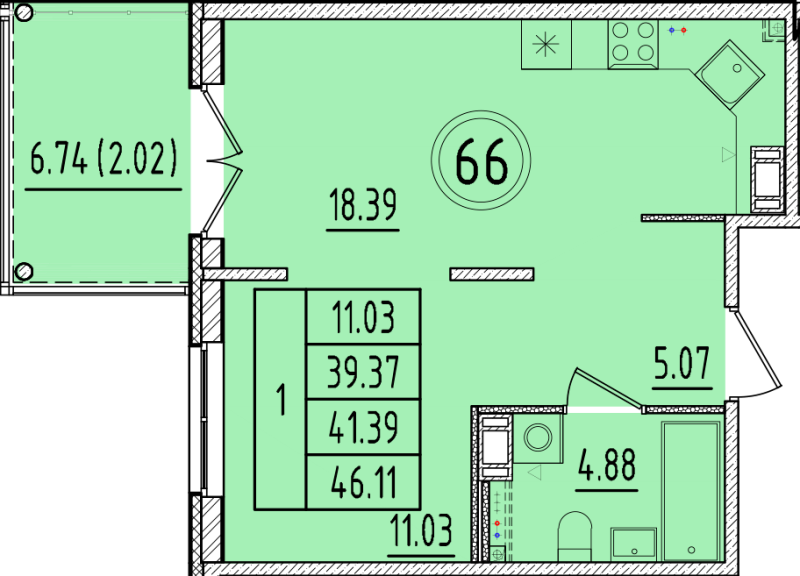 2 ккв (Евро) 39,4 м²