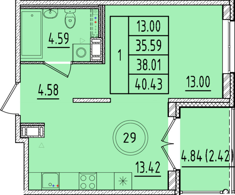 1 ккв 35,6 м²