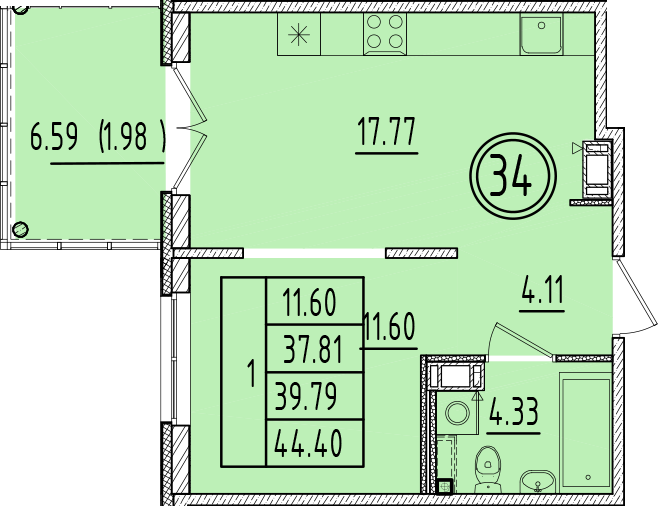 2 ккв (Евро) 37,8 м²