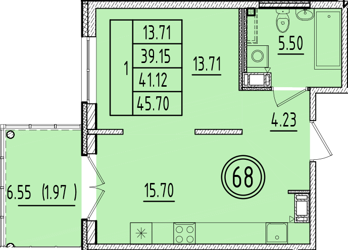 2 ккв (Евро) 39,2 м²