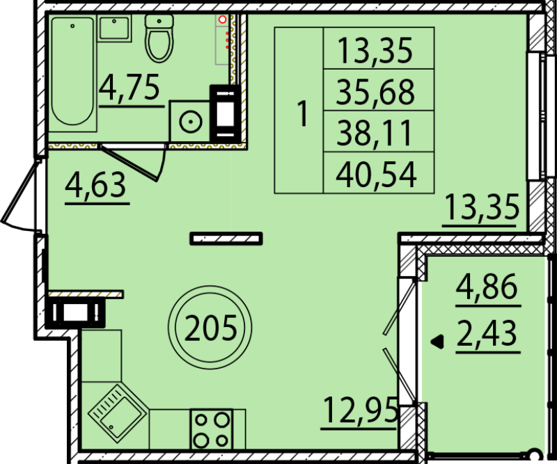 1 ккв 35,7 м²