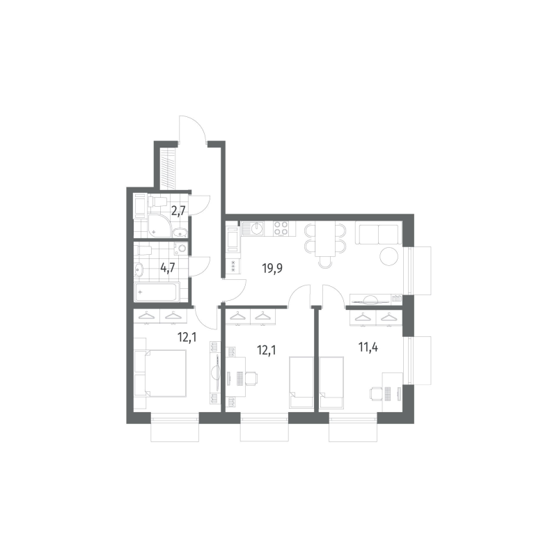 4 ккв (Евро) 71,4 м²