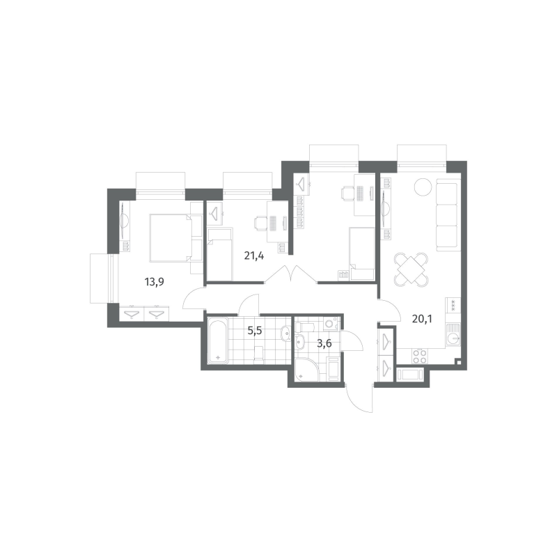 3 ккв (Евро) 75,9 м²