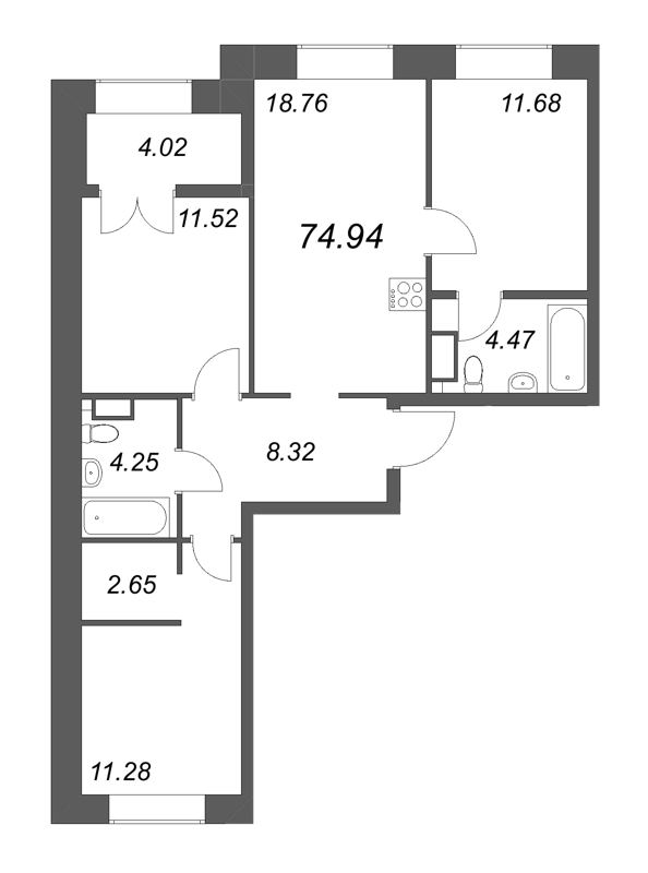 4 ккв (Евро) 74,9 м²