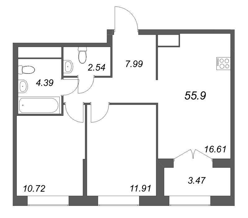 3 ккв (Евро) 55,9 м²