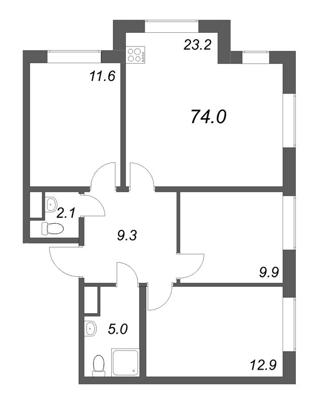 4 ккв (Евро) 74 м²