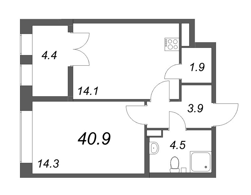 1 ккв 40,7 м²