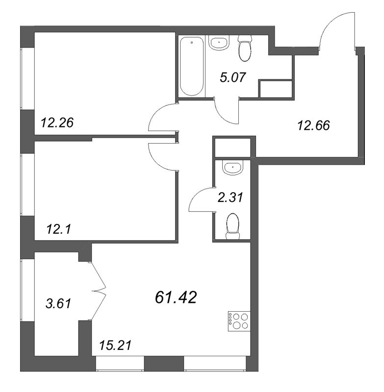 3 ккв (Евро) 61,4 м²