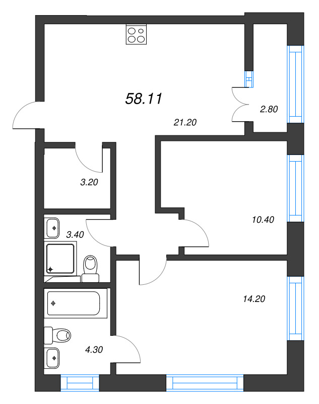 3 ккв (Евро) 58,1 м²
