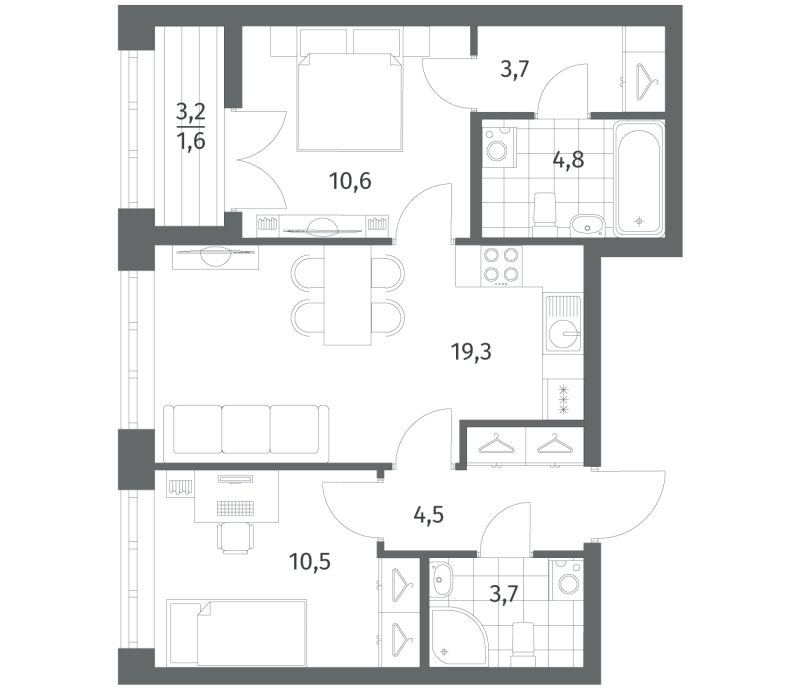 3 ккв (Евро) 58,8 м²