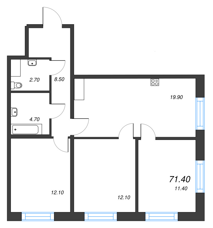 4 ккв (Евро) 71,4 м²