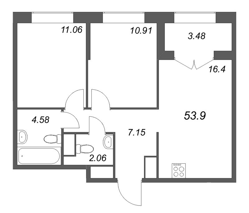 3 ккв (Евро) 53,9 м²