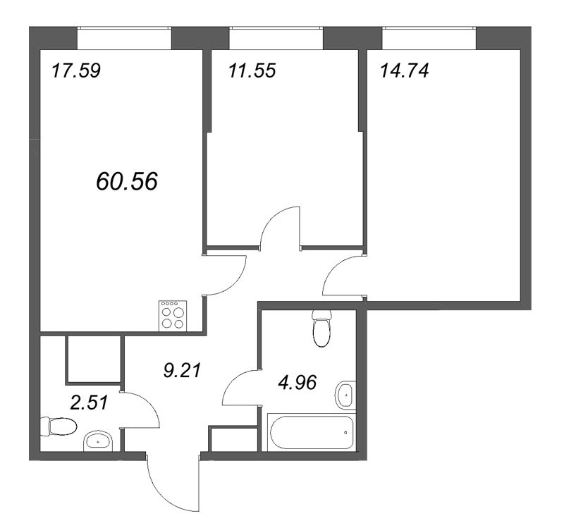 3 ккв (Евро) 60,6 м²