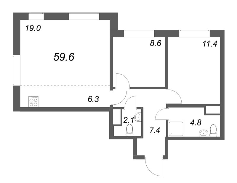 3 ккв (Евро) 59,6 м²