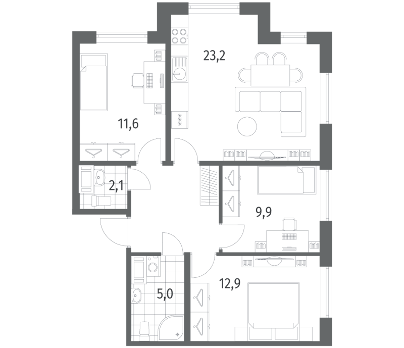 4 ккв (Евро) 74 м²