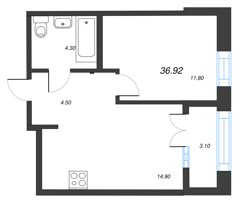 1 ккв 36,8 м²