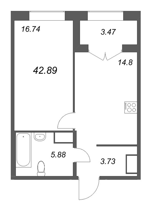 1 ккв 42,9 м²