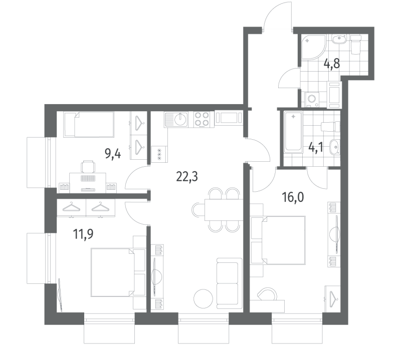 4 ккв (Евро) 75,4 м²