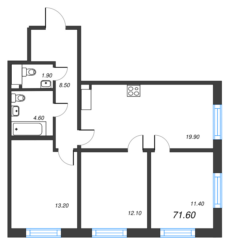 4 ккв (Евро) 71,6 м²