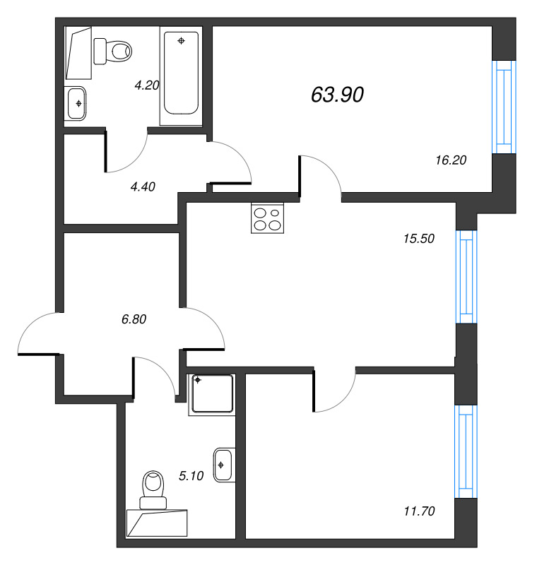 3 ккв (Евро) 63,9 м²