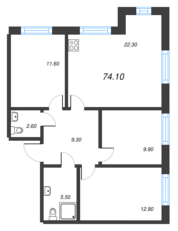 4 ккв (Евро) 74,1 м²