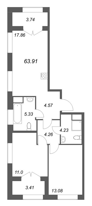 3 ккв (Евро) 63,9 м²