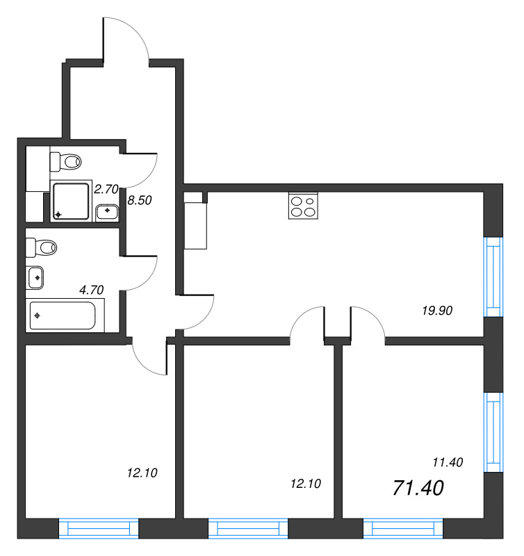 4 ккв (Евро) 71,4 м²