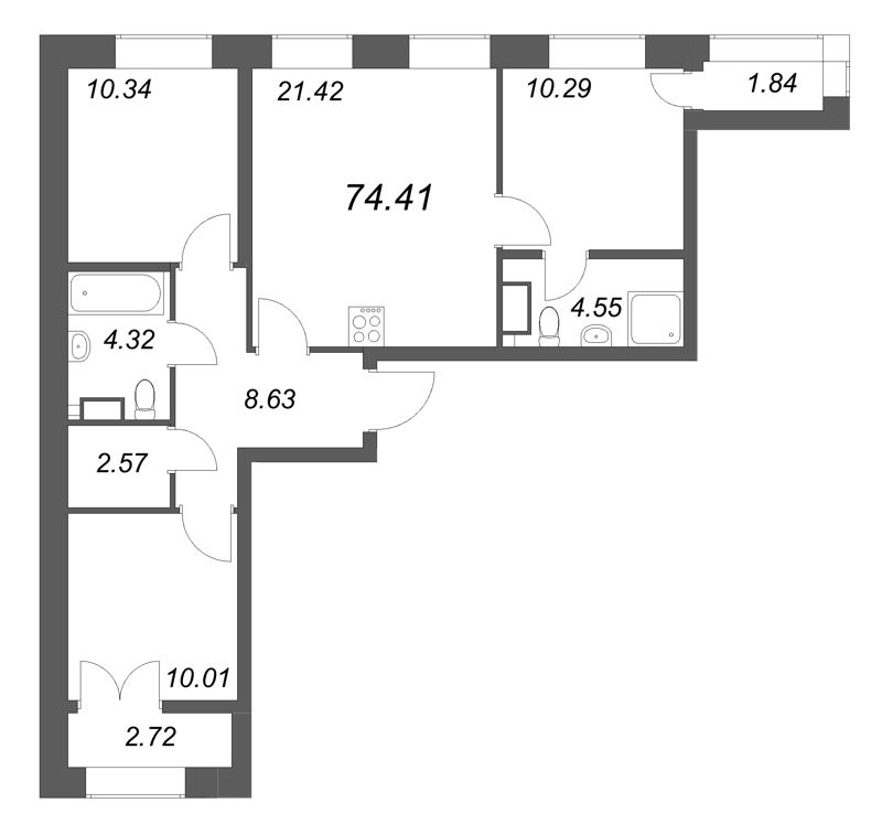 4 ккв (Евро) 74,4 м²