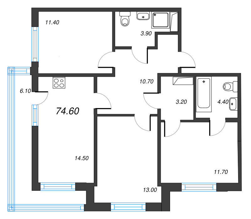 3 ккв 74,6 м²