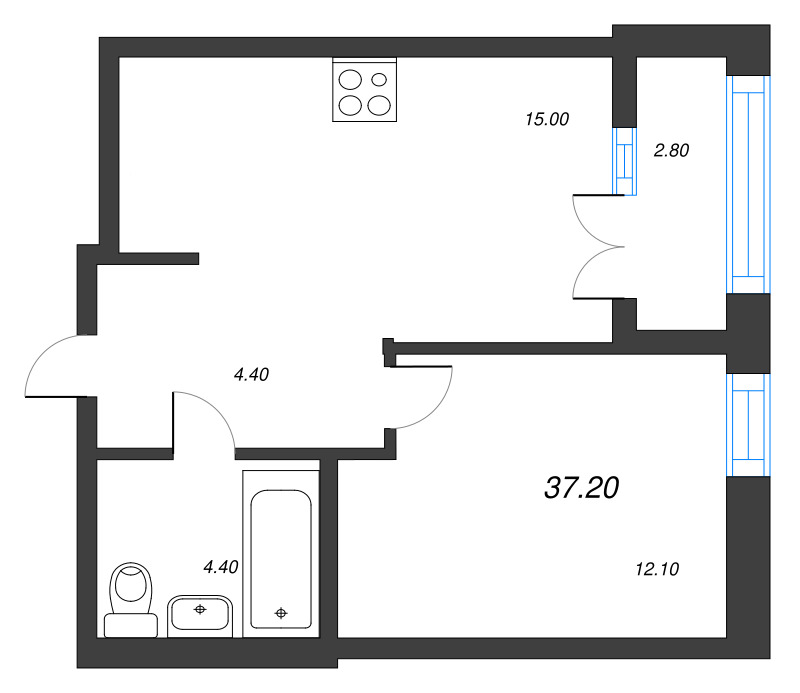 2 ккв (Евро) 37,2 м²