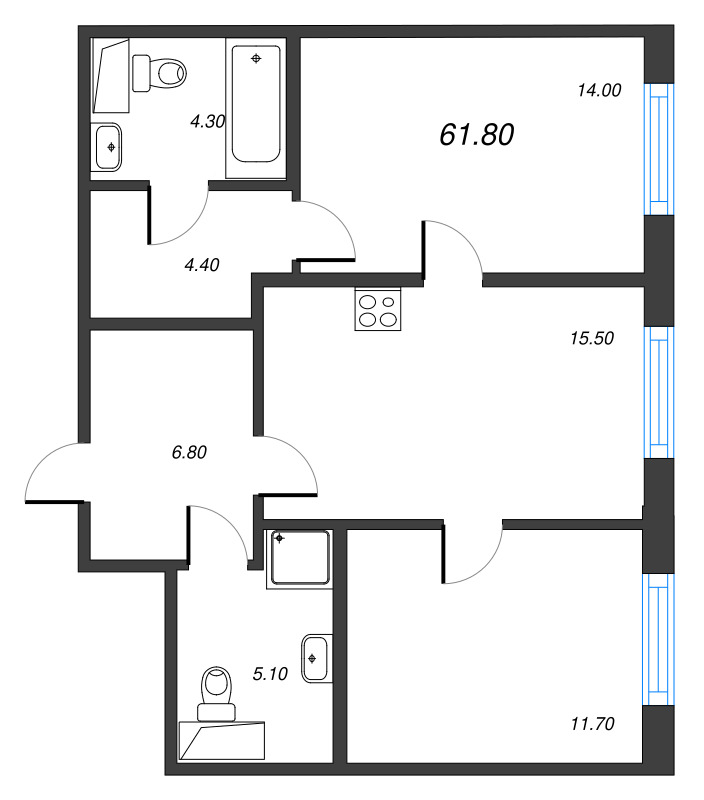 3 ккв (Евро) 61,8 м²